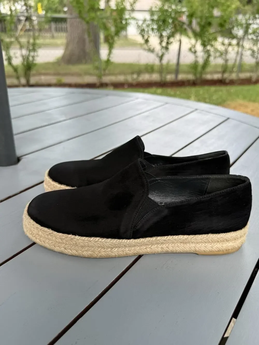 Stuart Weitzman Women's Size 6M Black Beige Suede Espadrille Flats Slip On Shoes